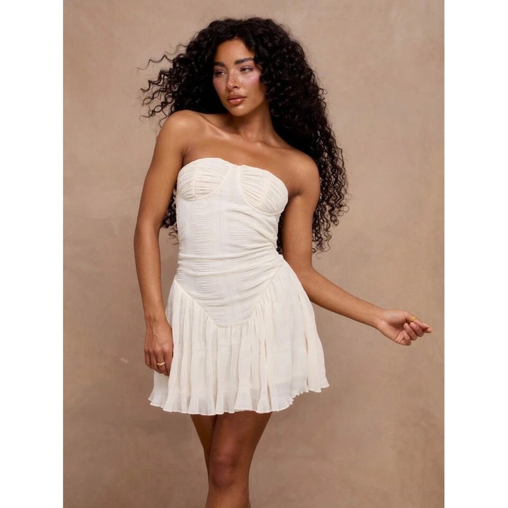Musera NWT Strapless Corset Mini Dress Ivory Pleated Waist Ruffle Hem Medium